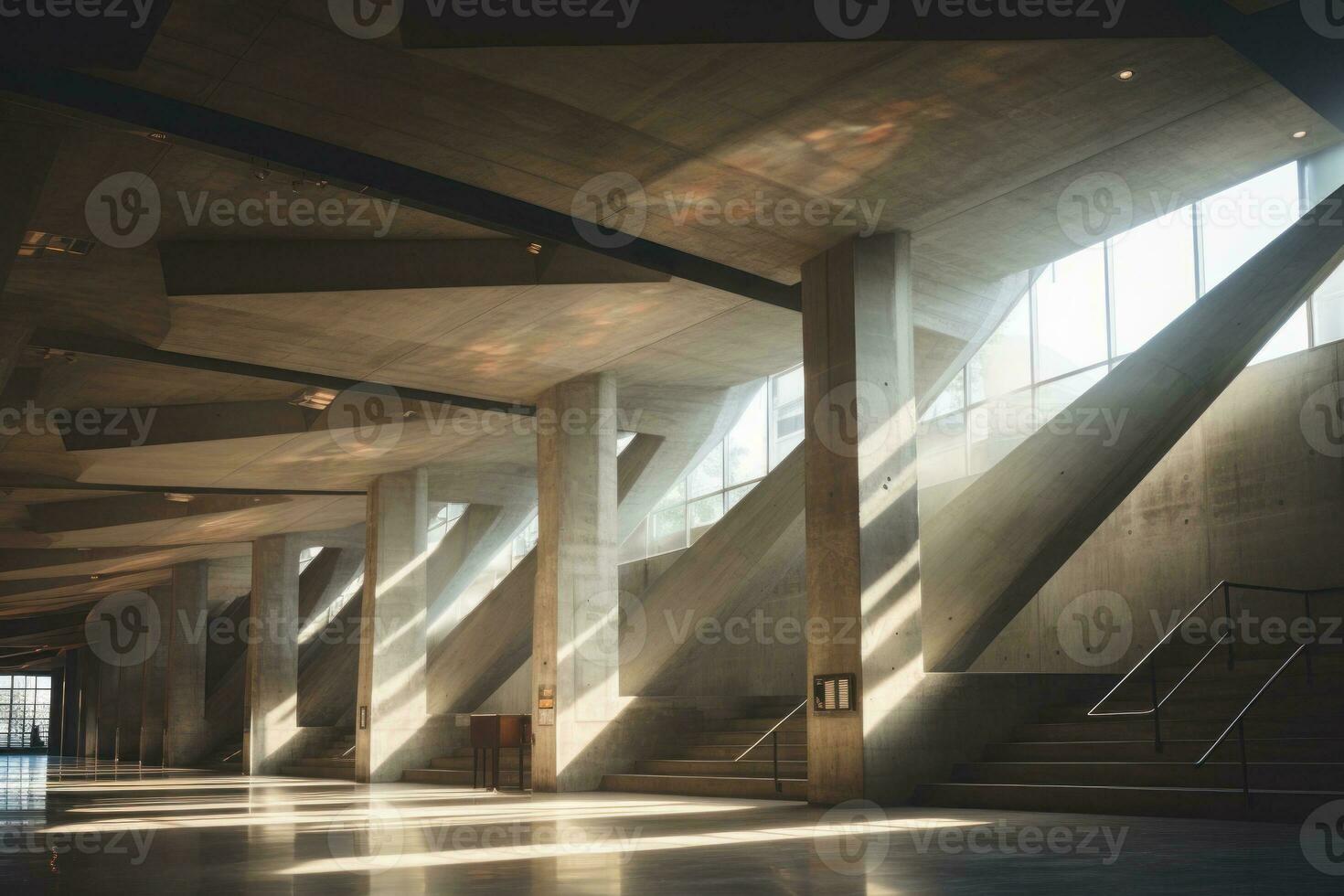 a dentro do a abstrato concreto construção com dois raios do luz batendo a chão. generativo ai foto