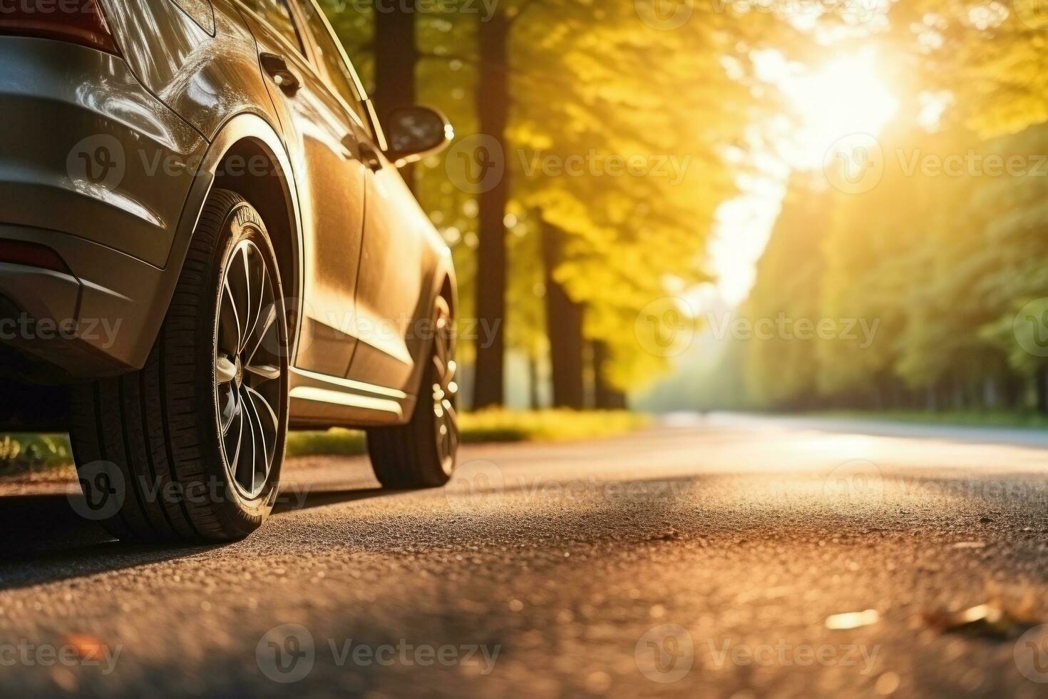 verão pneus em a asfalto estrada dentro a Sol Tempo para verão pneus. generativo ai foto