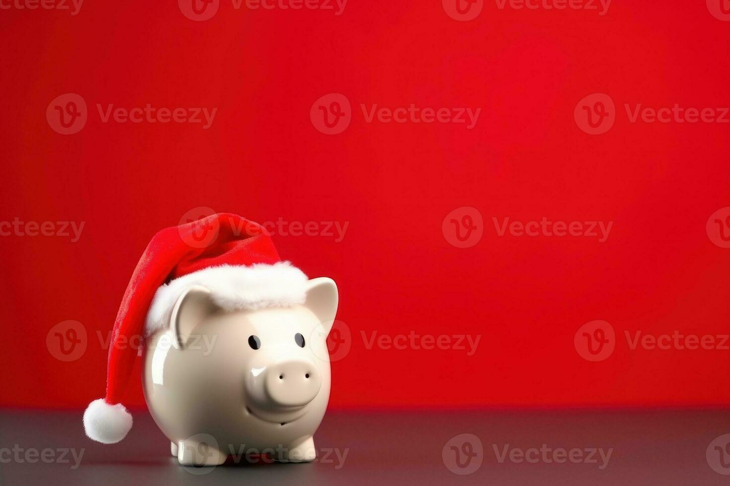 porquinho banco com santa claus chapéu e moedas em festivo vermelho fundo. generativo ai foto
