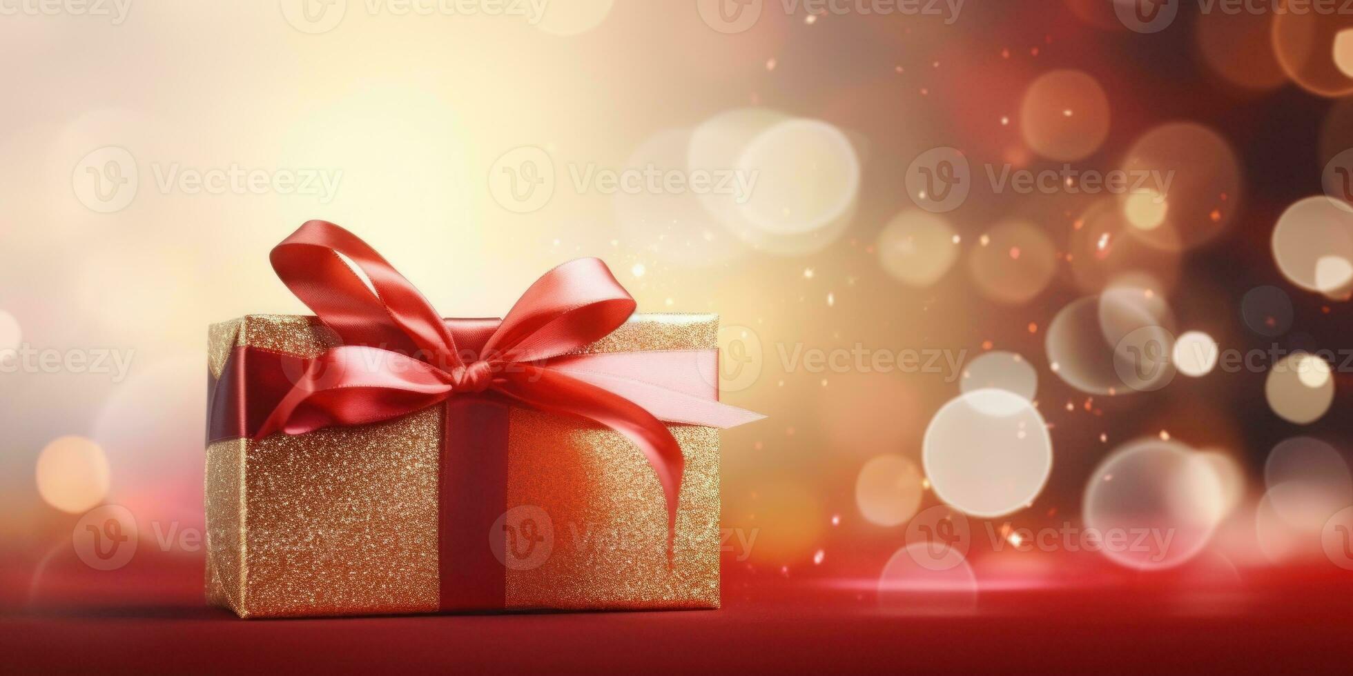 ai gerado Natal presente caixa dentro uma brilhante pacote com uma arco em uma bokeh fundo. generativo ai foto