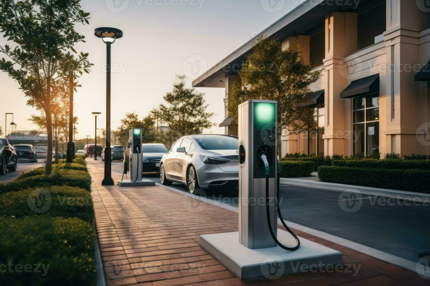 elétrico carro cobrando bateria às ev carregador estação. generativo ai. foto