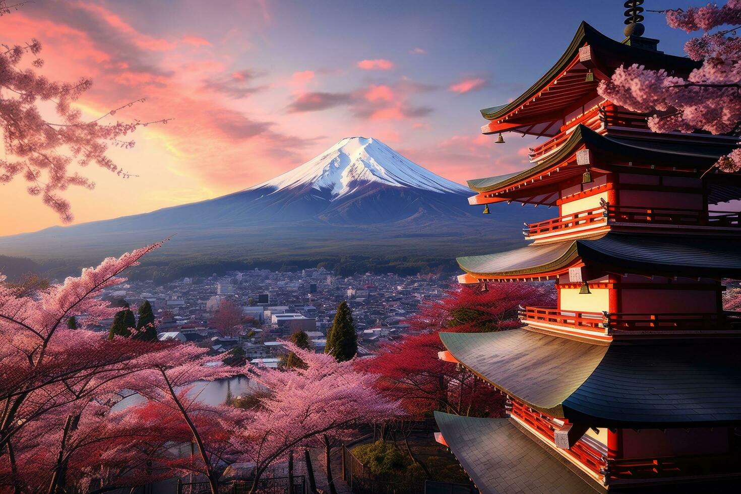 mt Fuji e chureito pagode com cereja florescer, fujiyoshida, Japão lindo Visão do montanha Fuji e chureito pagode às pôr do sol, ai gerado foto