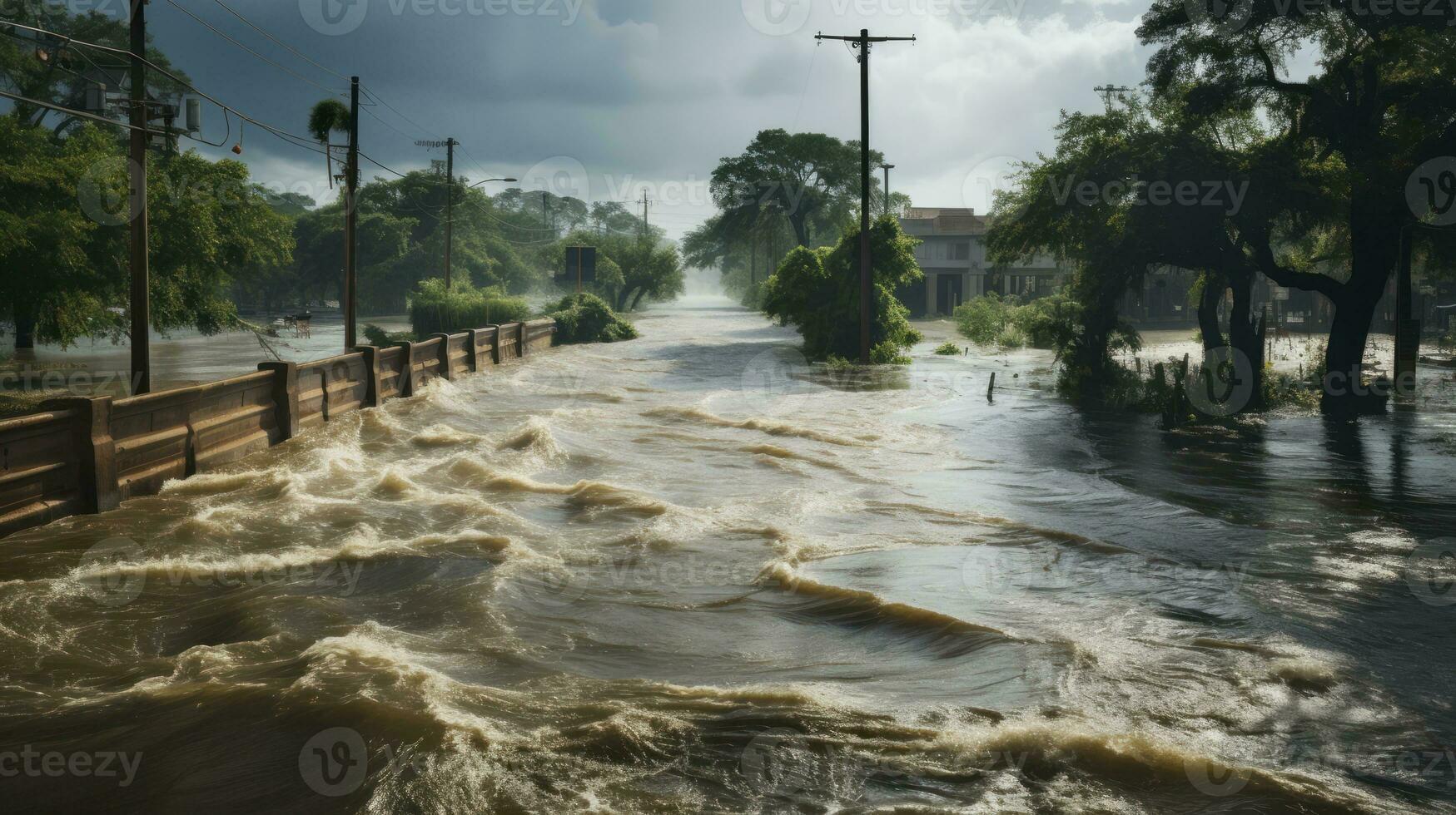 tempestade surto cobertura inundado estrada durante tropical tempestade. generativo ai foto
