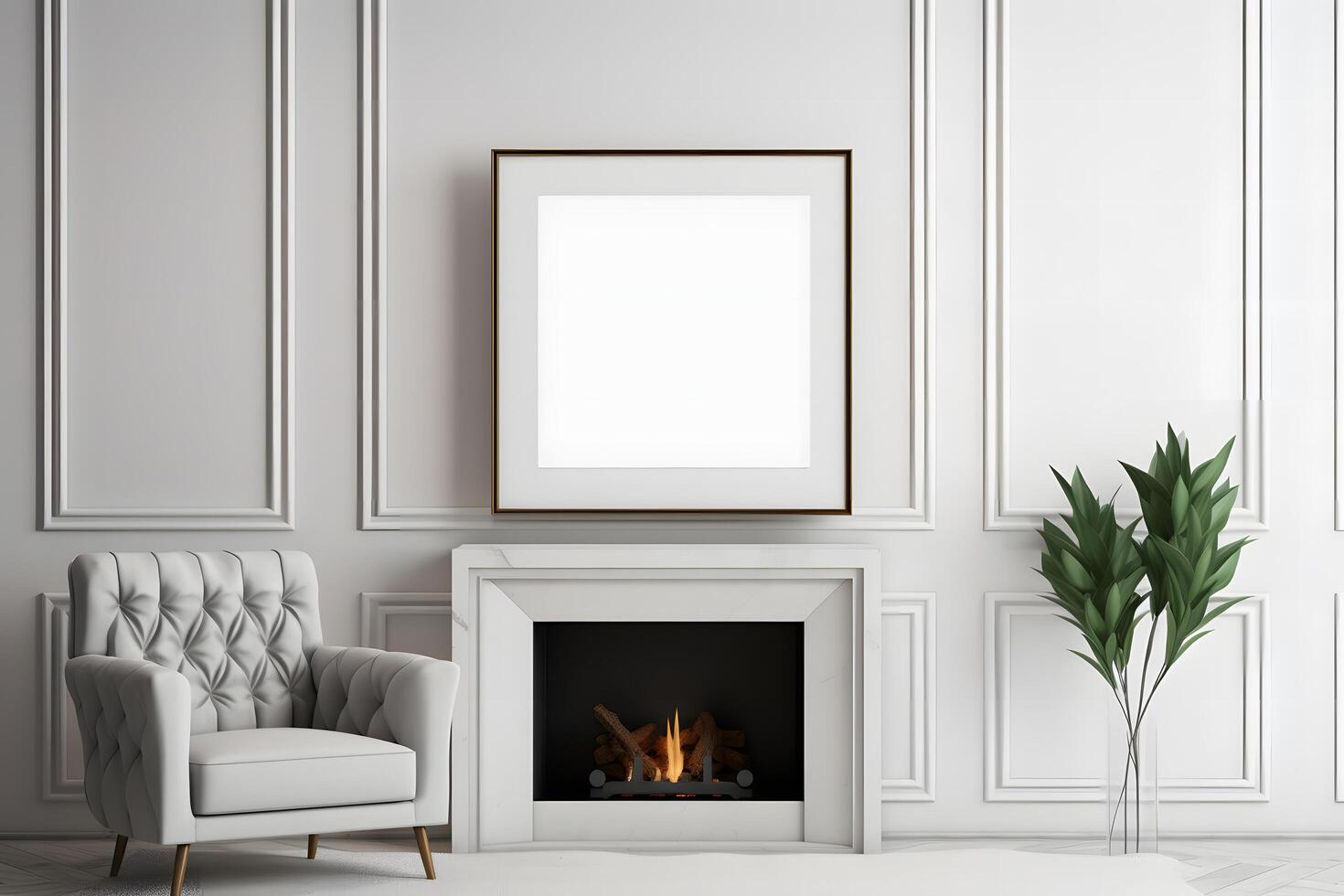 em branco esvaziar foto quadro, Armação brincar dentro uma branco luxo vivo quarto com uma lareira e uma sofá ai generativo imagem