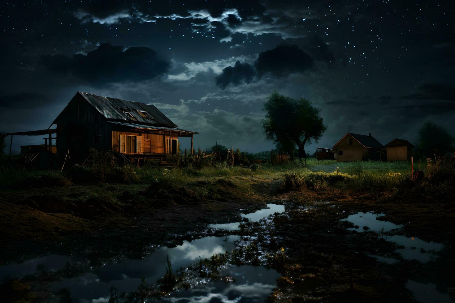 chuvoso noite dentro a rural Vila com nublado céu ai generativo foto