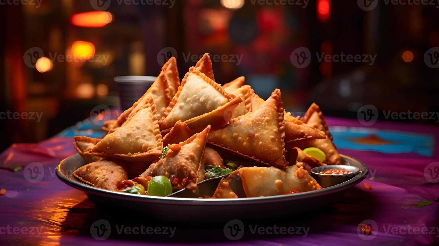 indiano Comida chamado samosa em uma colorida cerâmico prato dentro uma animado indiano rua fornecedor ai generativo foto