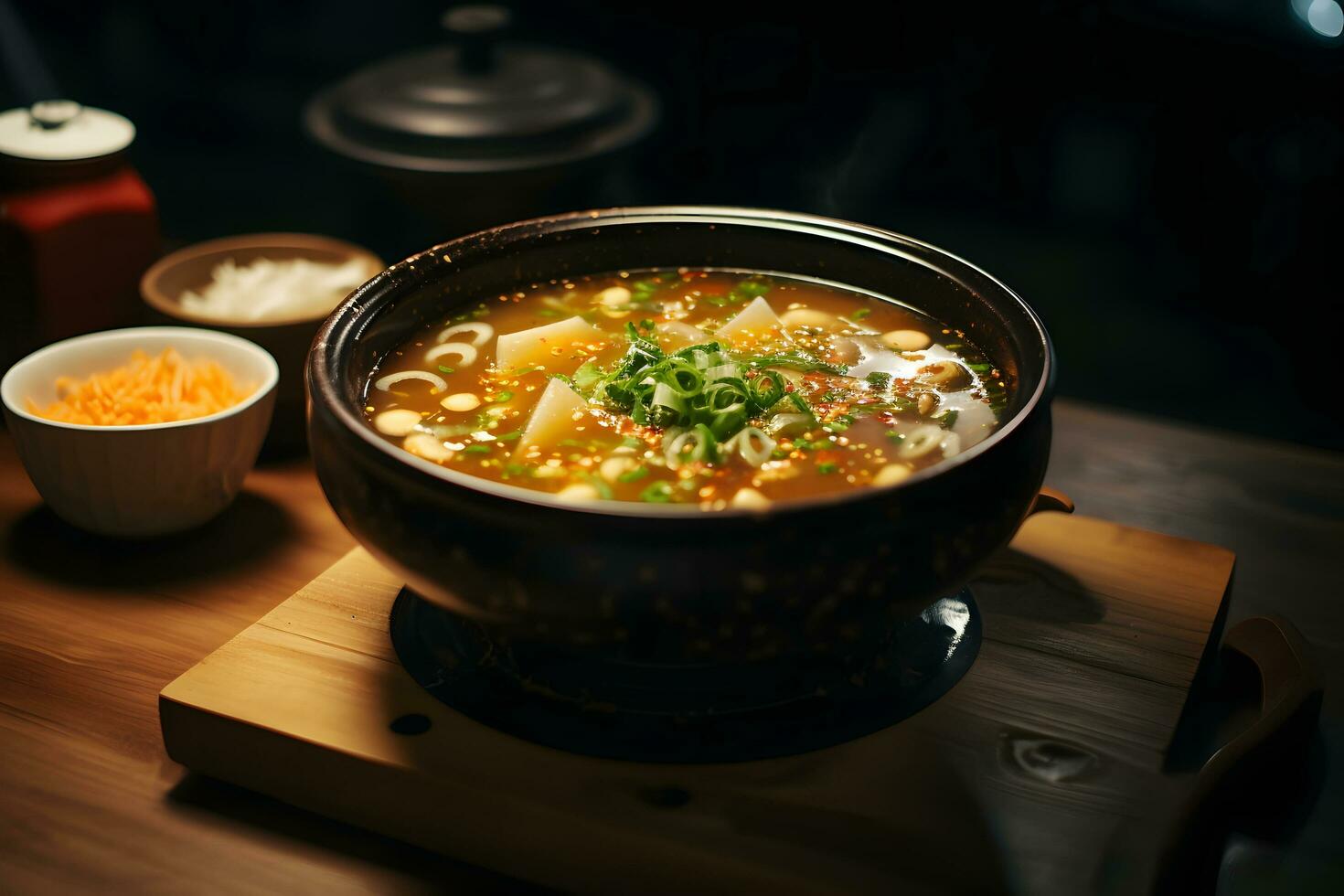 missô sopa dentro cerâmico tigela dentro propriedade familiar Sushi restaurante ai generativo foto