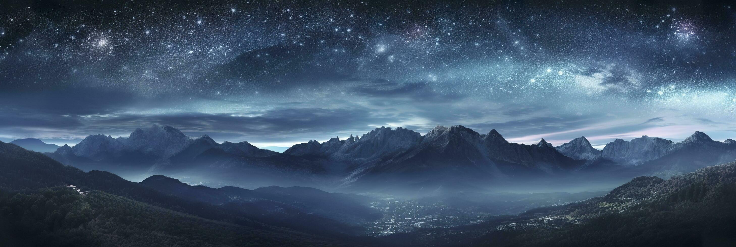 a leitoso Aumentar dentro a noite céu sobre a montanhas, paisagens, ai generativo foto