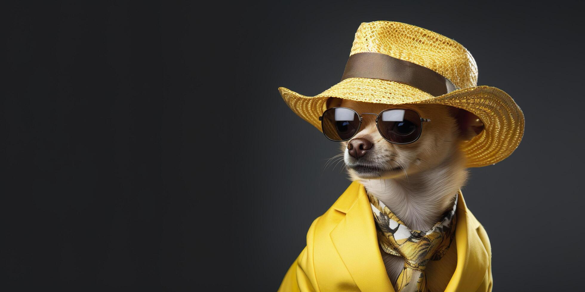 legal olhando chihuahua cachorro vestindo funky moda vestir. espaço para texto certo lado. generativo ai foto