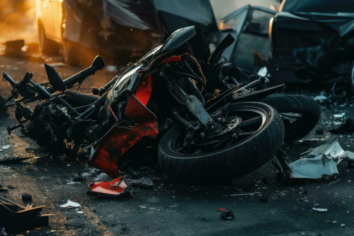 motocicleta acidente em a estrada, motocicleta bicicleta acidente e carro colidir, quebrado e naufragado moto em estrada, ai gerado foto