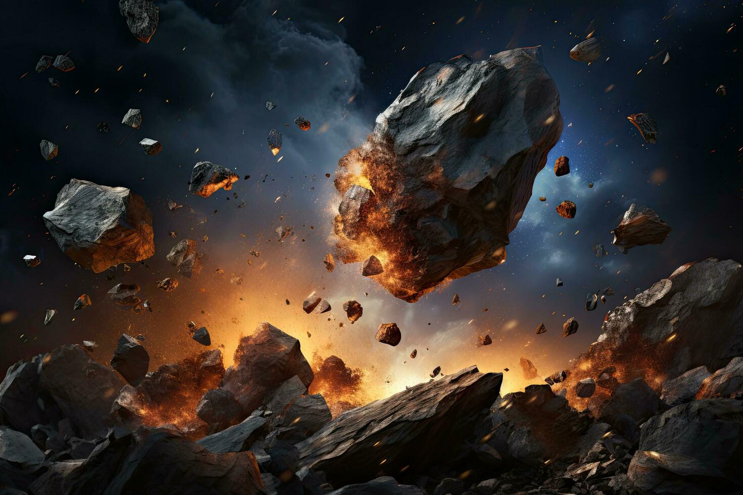 fogosa explosão dentro espaço. 3d Renderização, 3d ilustração, meteorito explosões, fragmentos e peças do pedras, ai gerado foto