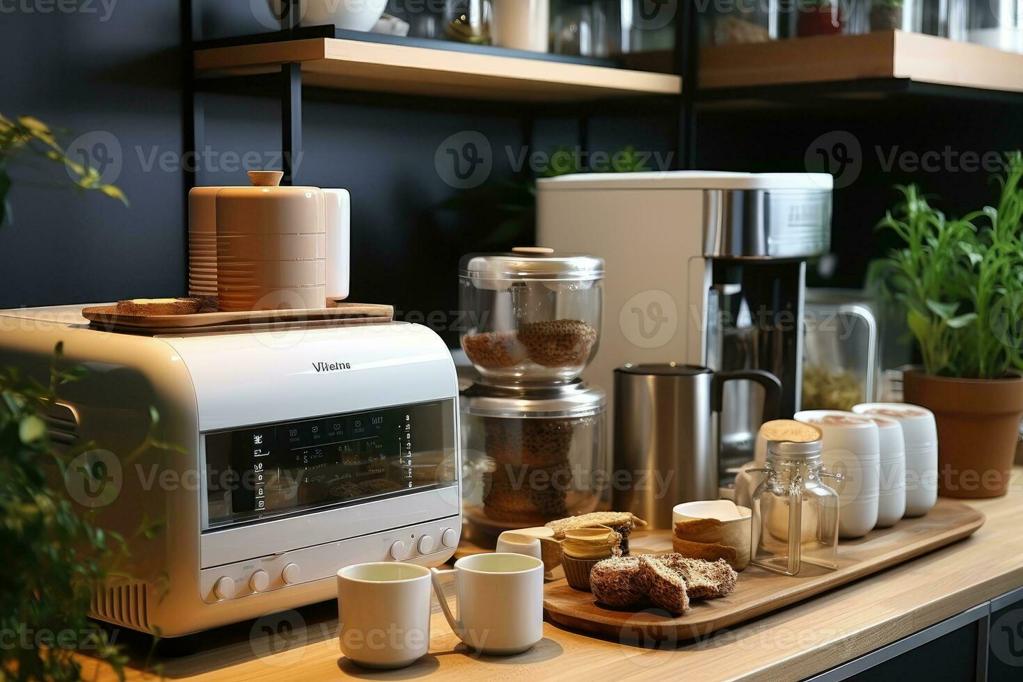 cozinha eletrodomésticos estão arranjado em a mesa ai gerado foto