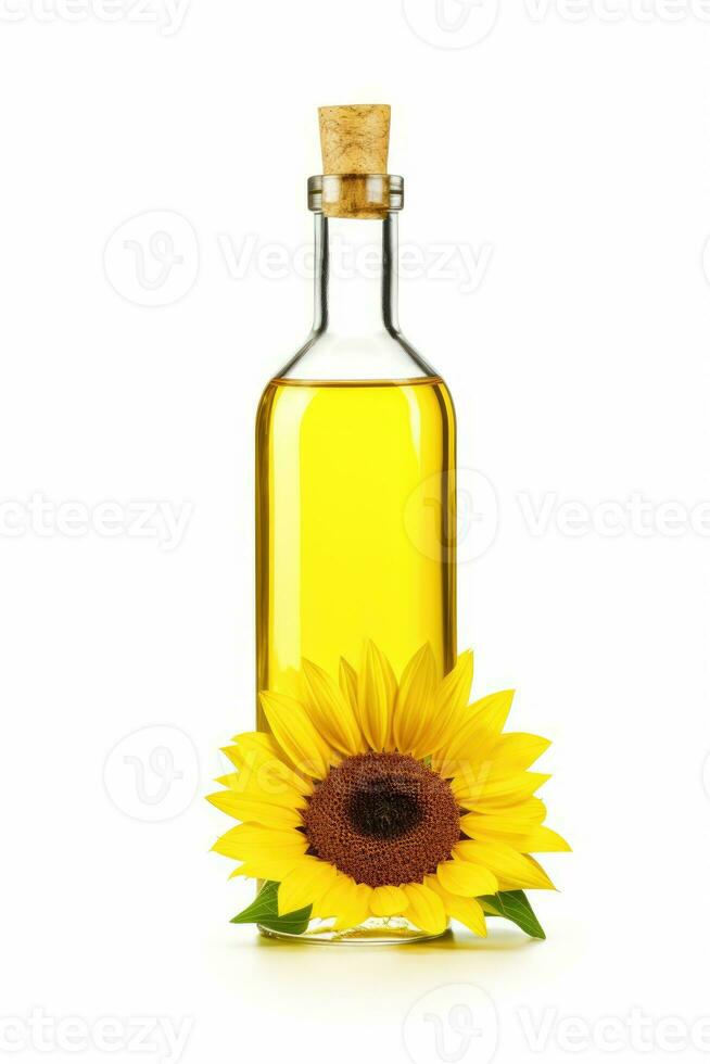 ai gerado ai geração. delicioso Oliva óleo dentro uma vidro garrafa e girassol flor com folhas foto