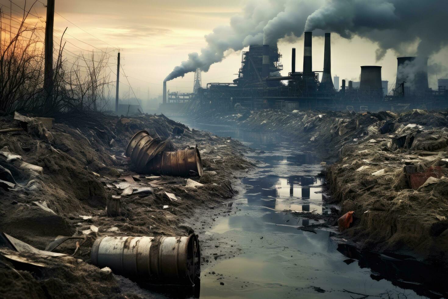 poluição do a ambiente. poluição do a ambiente. industrial paisagem, industrial panorama com poluído rio, poluição do a ambiente, de Meio Ambiente desastre, ai gerado foto