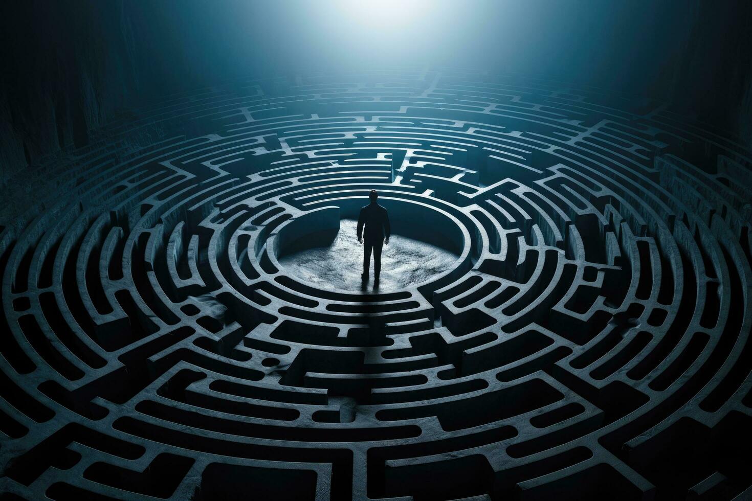 silhueta do homem de negocios em pé dentro a meio do uma Labirinto, homem silhueta dentro Labirinto ou labirinto. achando solução e auto conceito, ai gerado foto