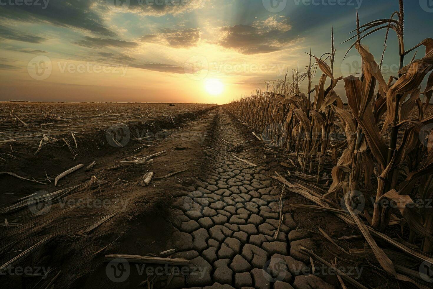 seco e rachado terra com milho campo às pôr do sol. global aquecimento conceito, seca dentro uma milharal, ai gerado foto