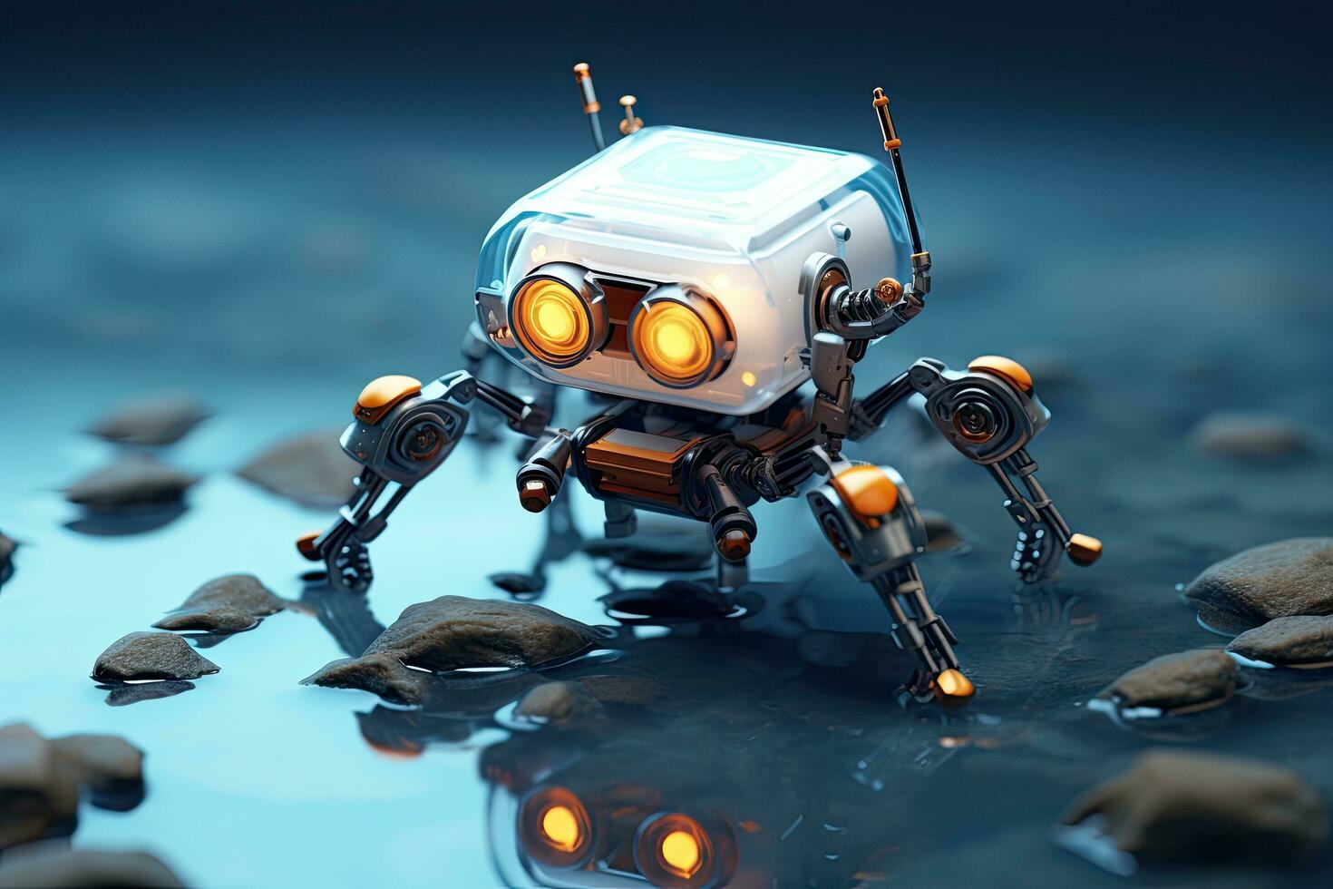 3d Renderização do uma pequeno robô em uma Sombrio azul fundo, nano robô, ai gerado foto
