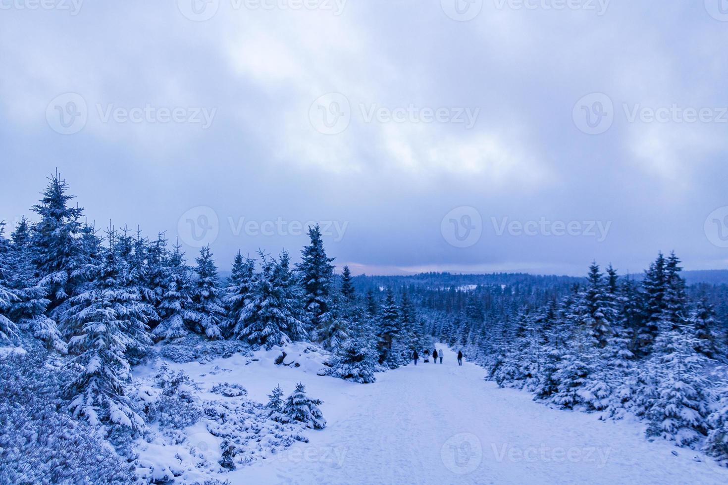 caminhantes pessoas em nevou na paisagem brocken montanhas harz alemanha. foto
