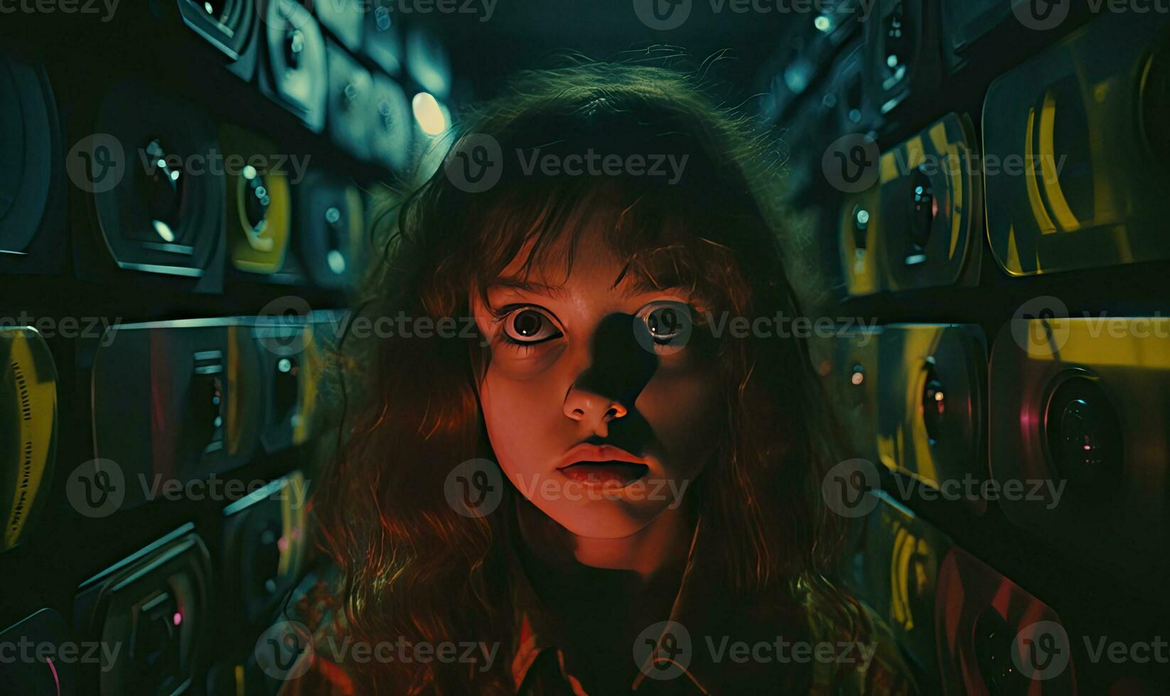 menina com vibrante vermelho cabelo carrinhos dentro uma escuro sala. ai generativo foto