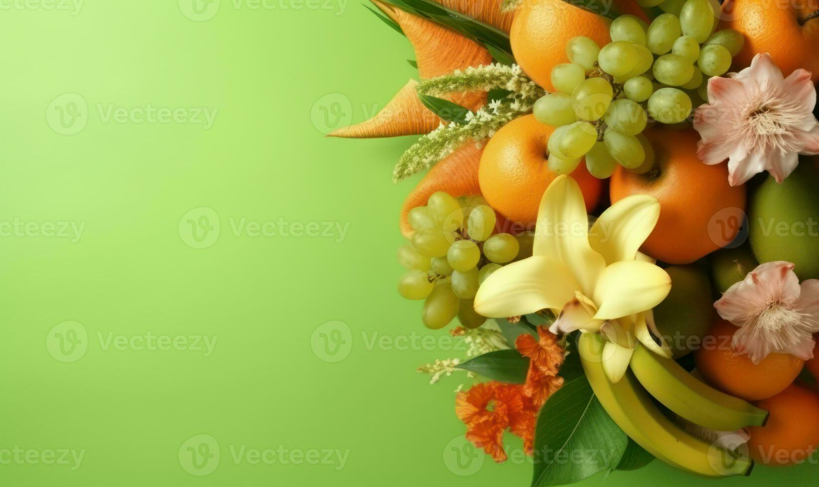 vibrante fruta arranjo com laranjas e uvas. ai generativo foto