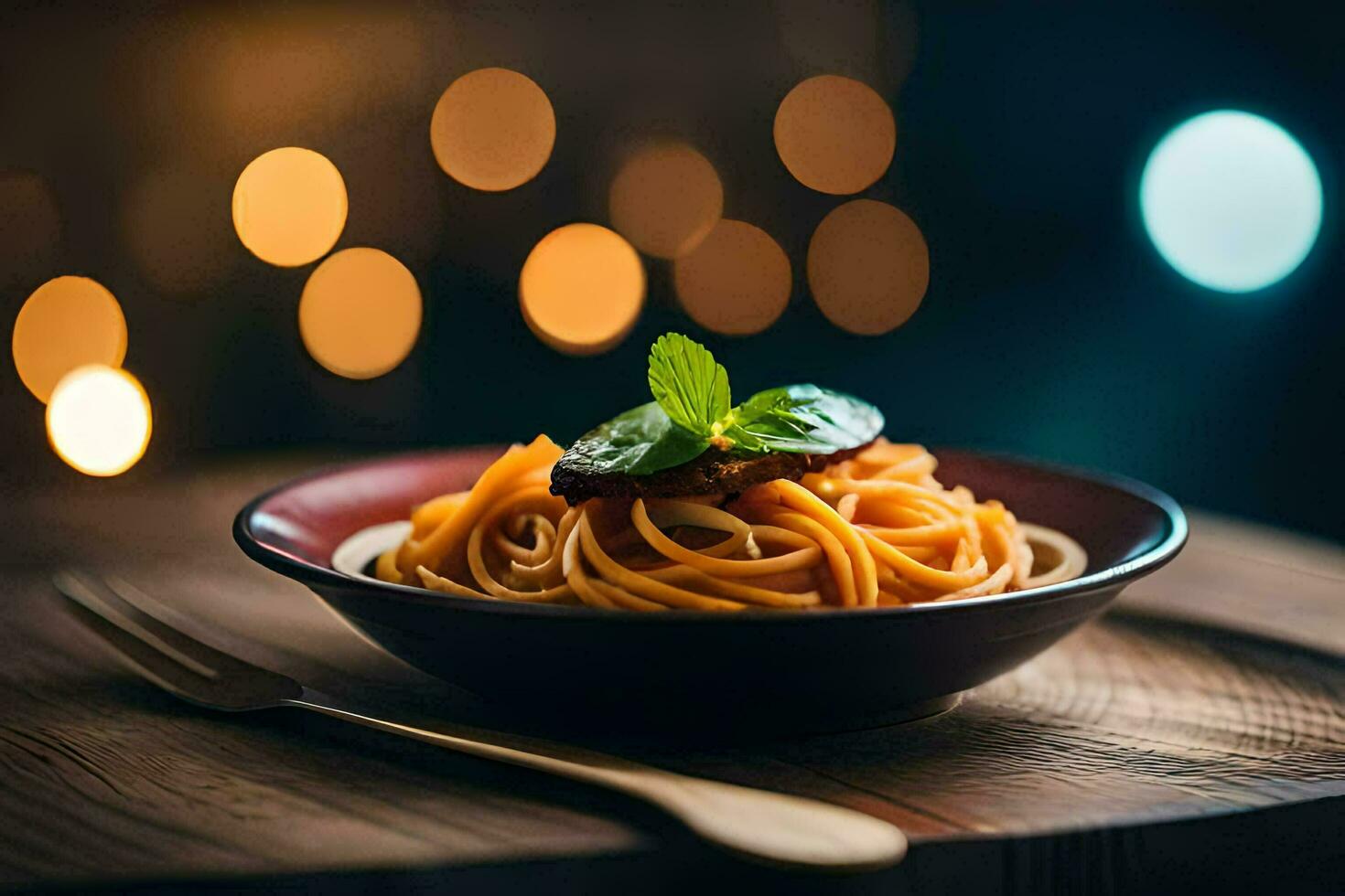 uma prato do espaguete com uma garfo e uma vidro do vinho. gerado por IA foto