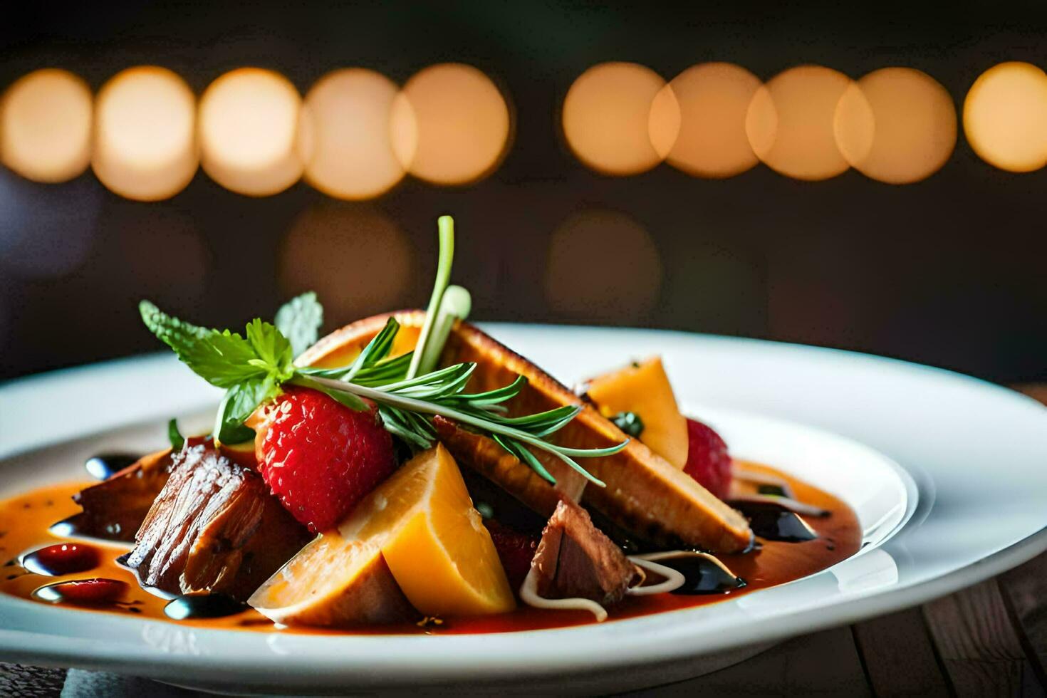 uma prato do Comida com carne, fruta e legumes. gerado por IA foto