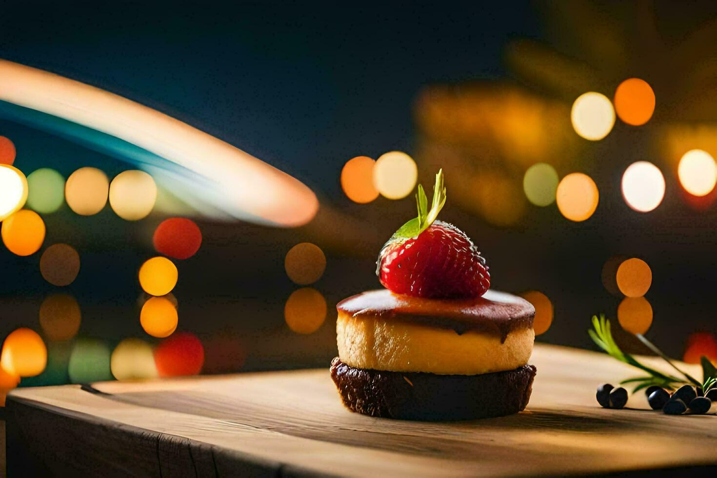 uma sobremesa em uma de madeira borda com uma morango em topo. gerado por IA foto