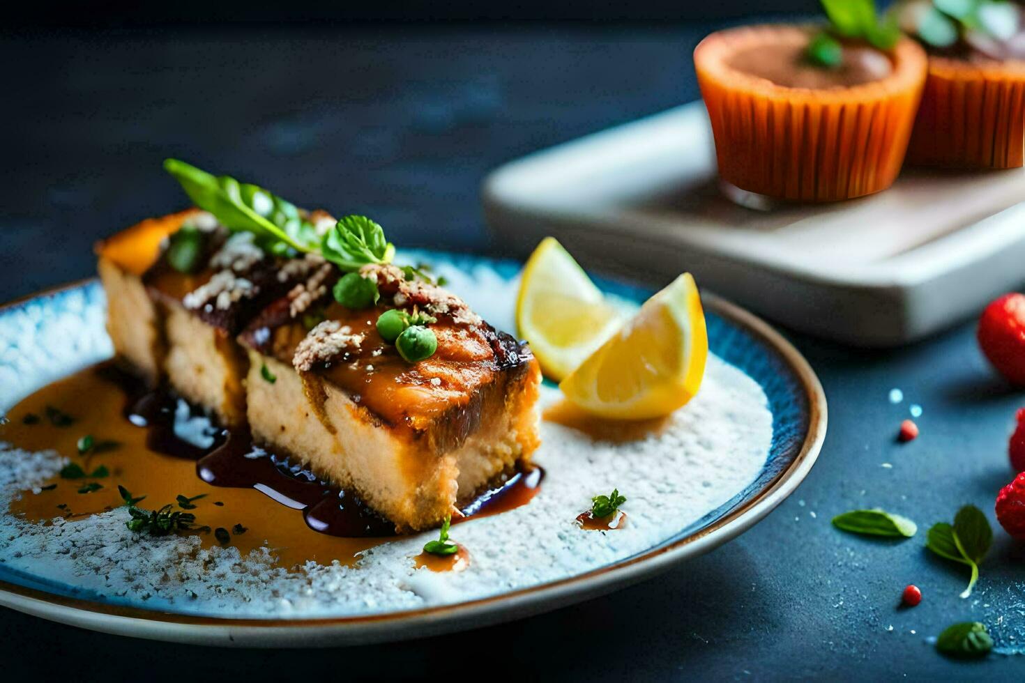 uma peça do salmão em uma prato com morangos e limão. gerado por IA foto