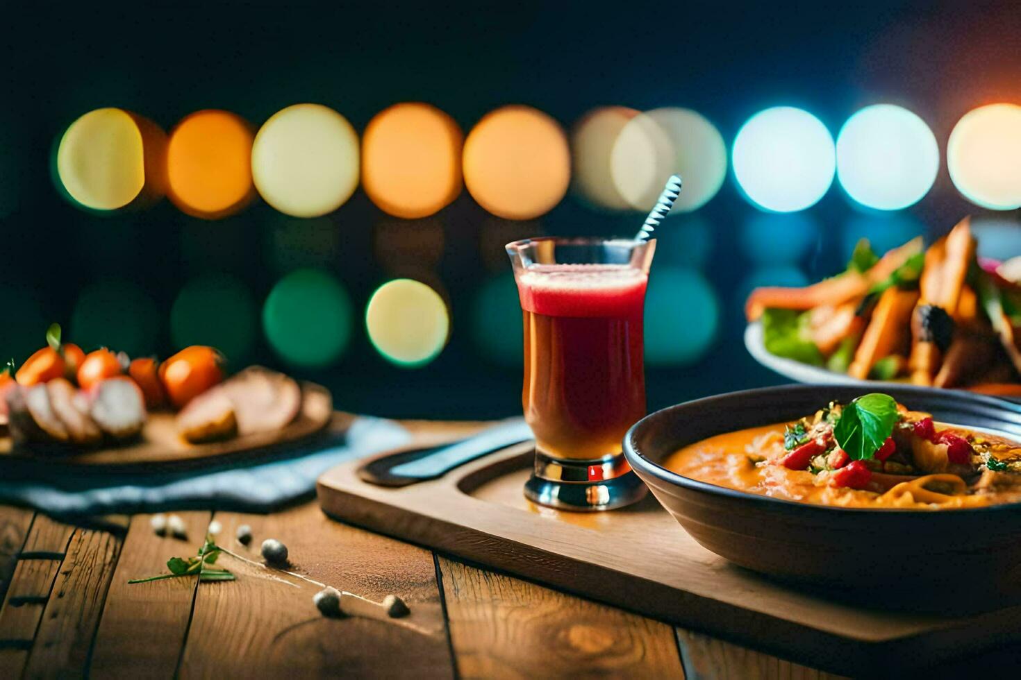 uma tigela do sopa e uma beber em uma mesa. gerado por IA foto