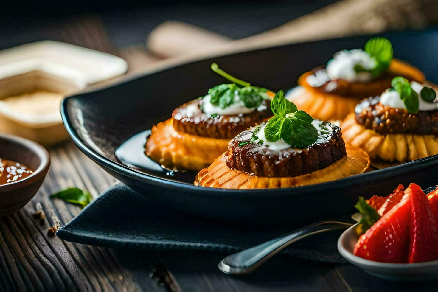 três pequeno bolos com molho e morangos. gerado por IA foto