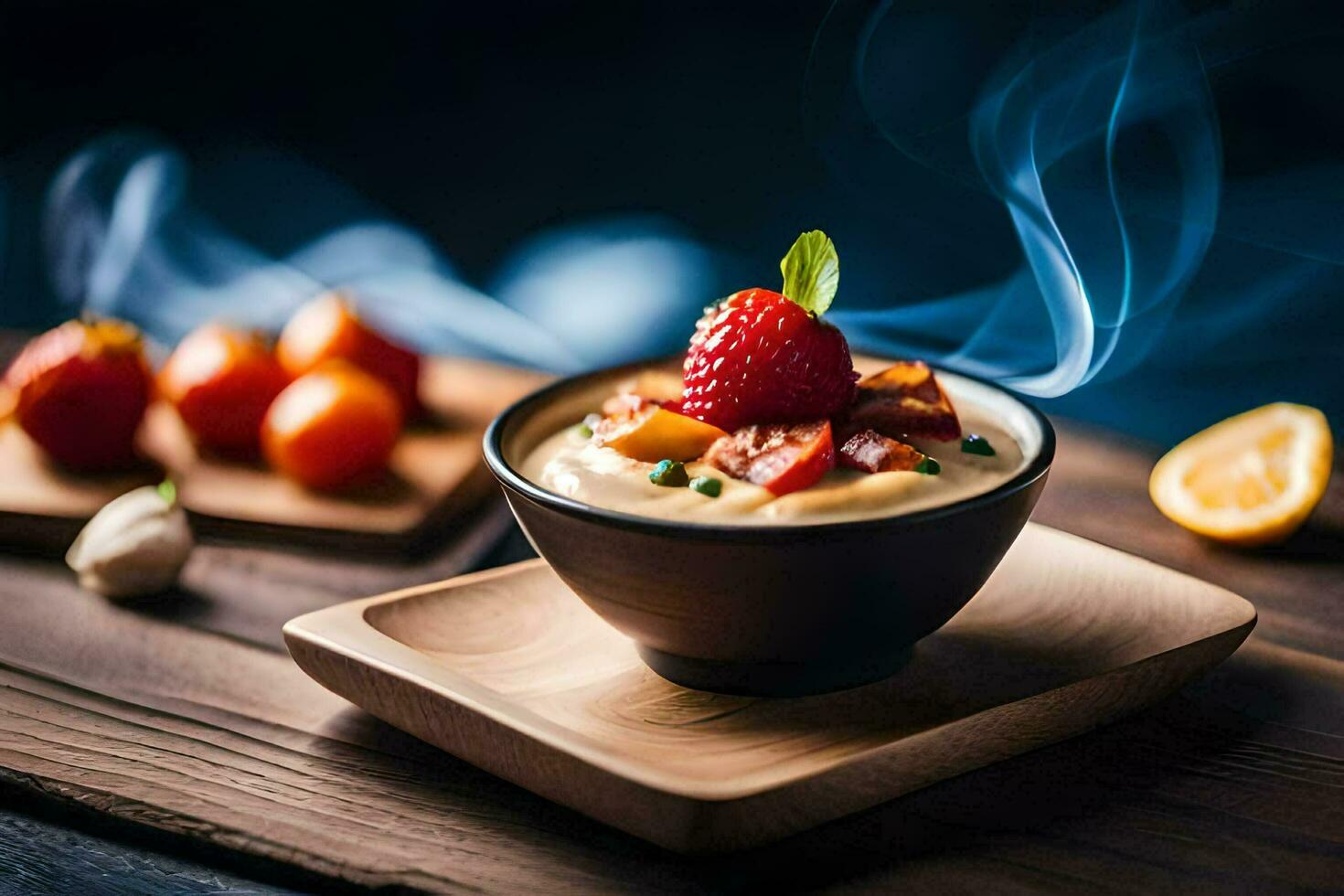 uma tigela do sopa com uma morango e uma fatia do limão. gerado por IA foto