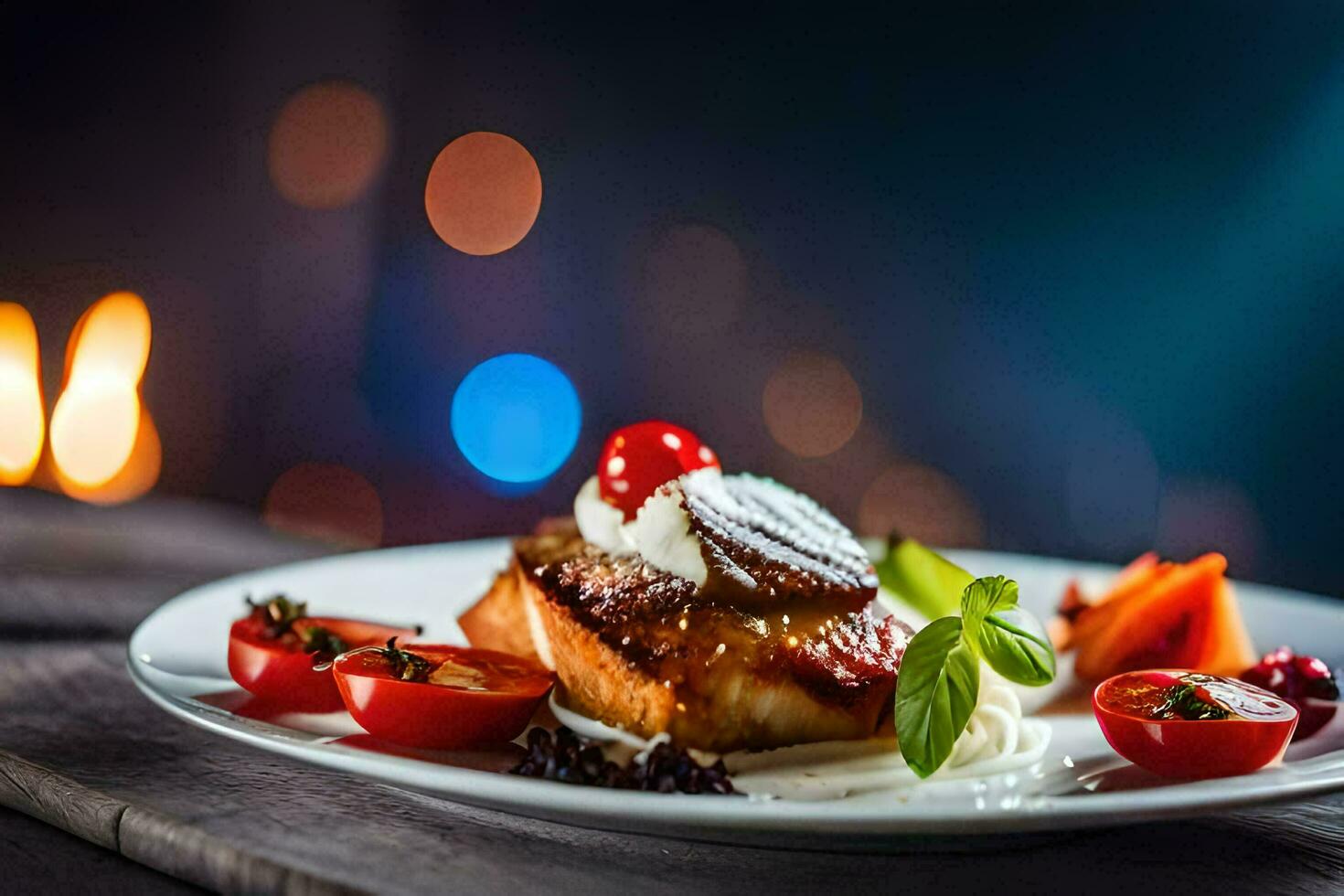 uma prato do Comida com uma cereja em topo. gerado por IA foto