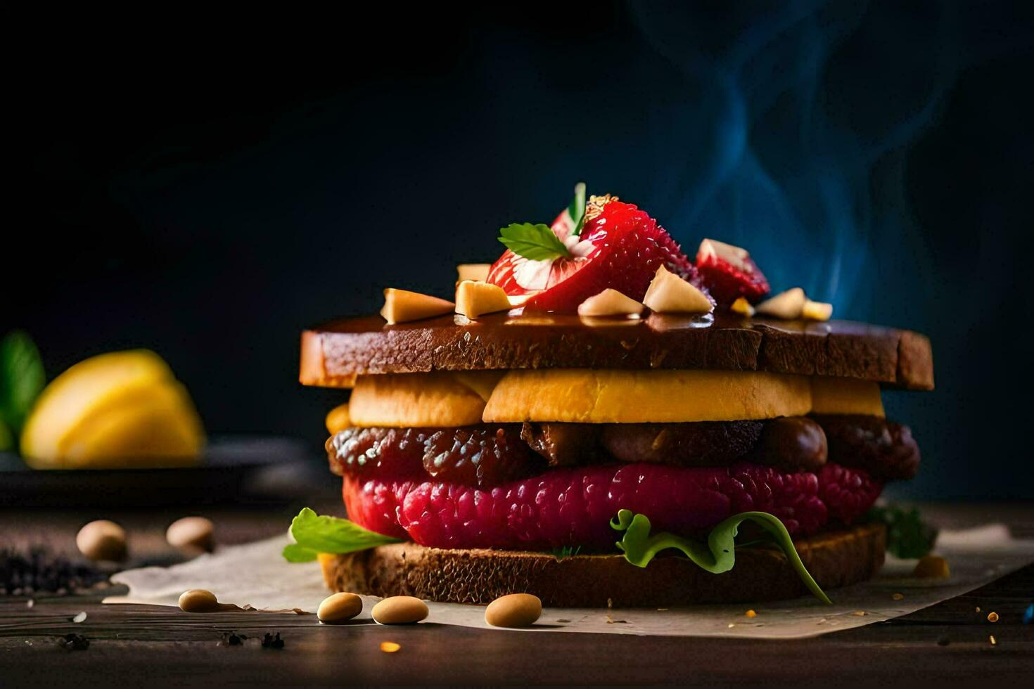 uma sanduíche com morangos e chocolate em topo. gerado por IA foto