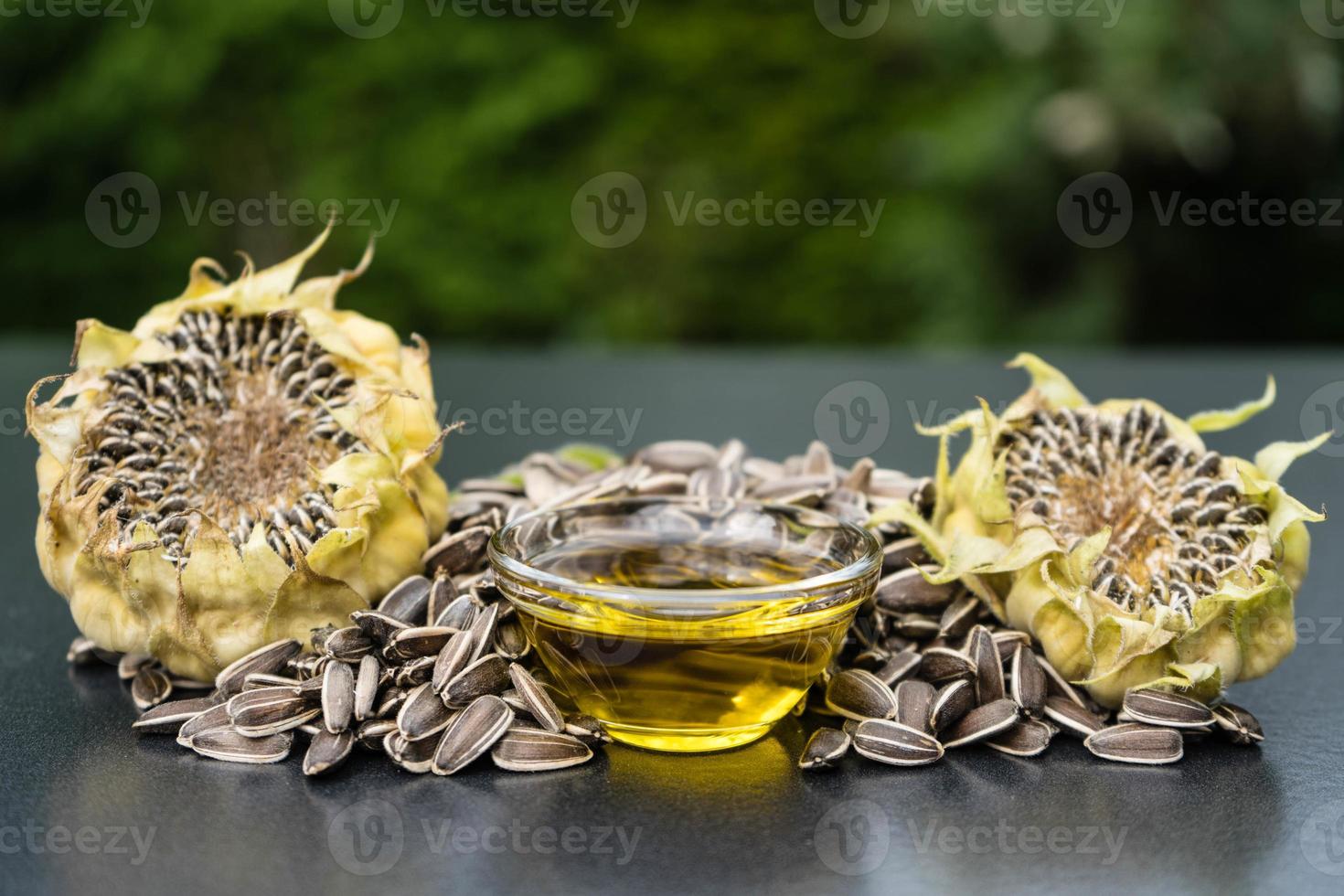 sementes de girassol em madeira de oliveira foto