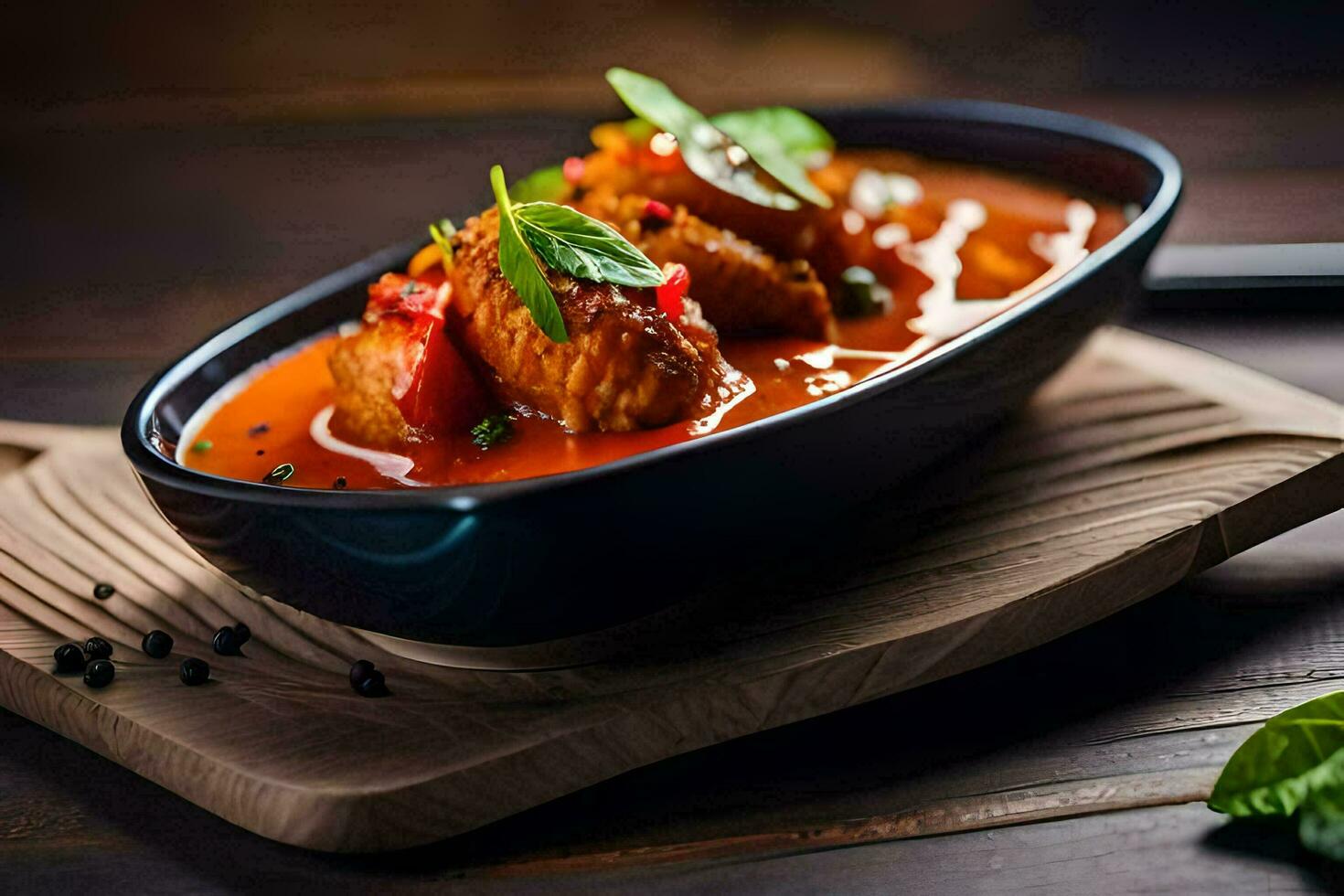 uma tigela do peixe e tomate ensopado em uma de madeira mesa. gerado por IA foto