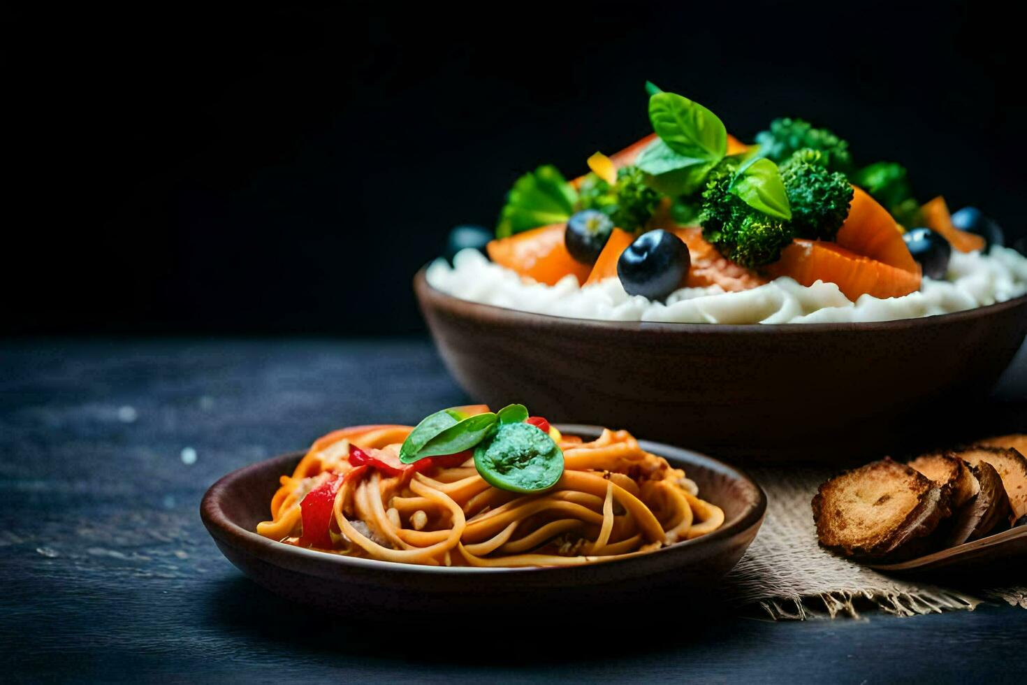 massa com legumes e queijo dentro uma tigela. gerado por IA foto