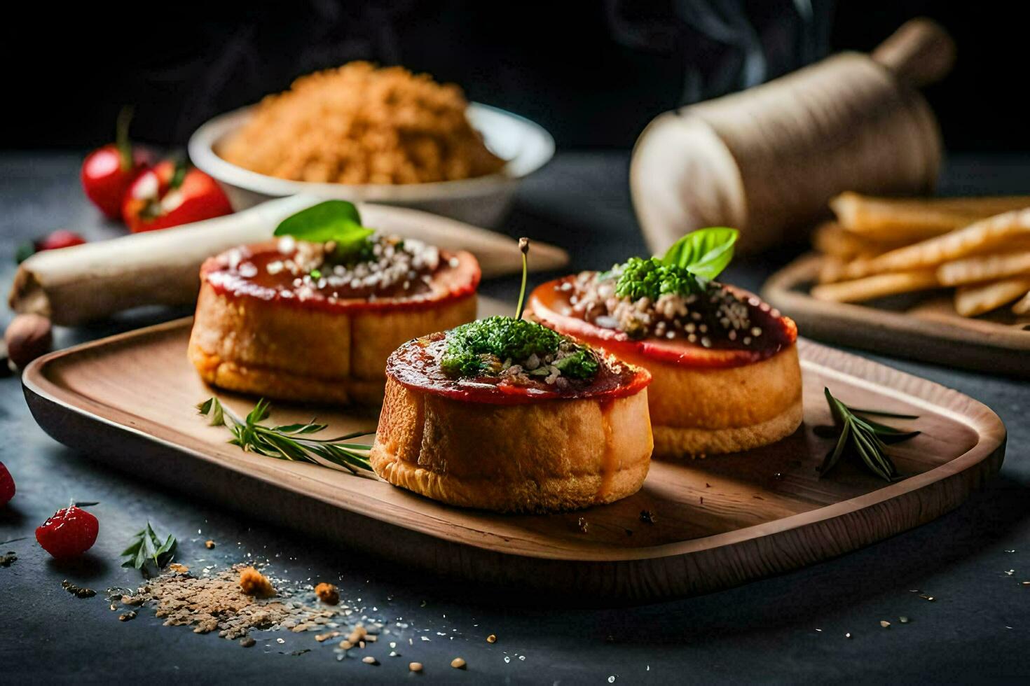 três mini tortas em uma de madeira bandeja com especiarias. gerado por IA foto