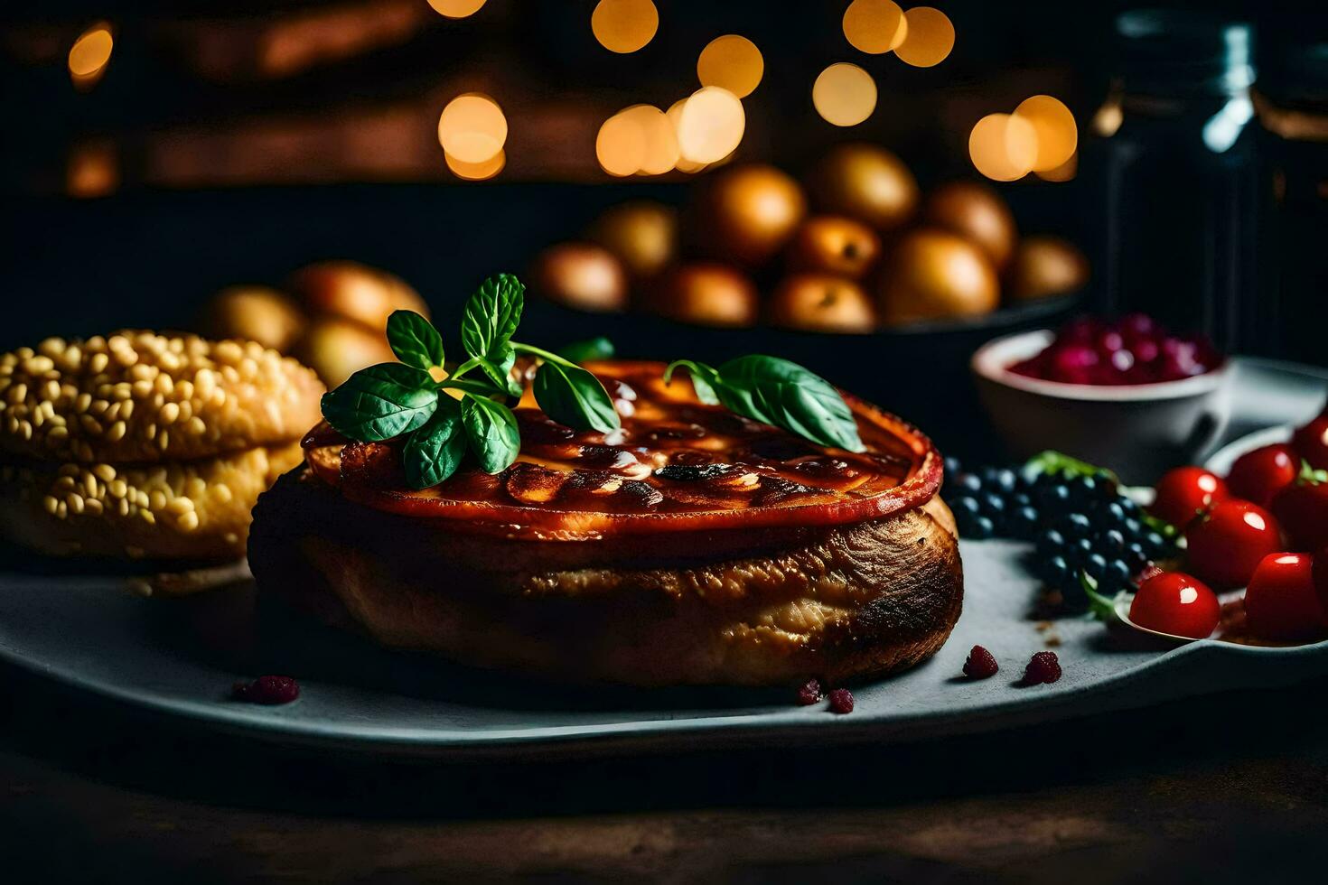 uma prato com uma sanduíche e de outros Comida. gerado por IA foto