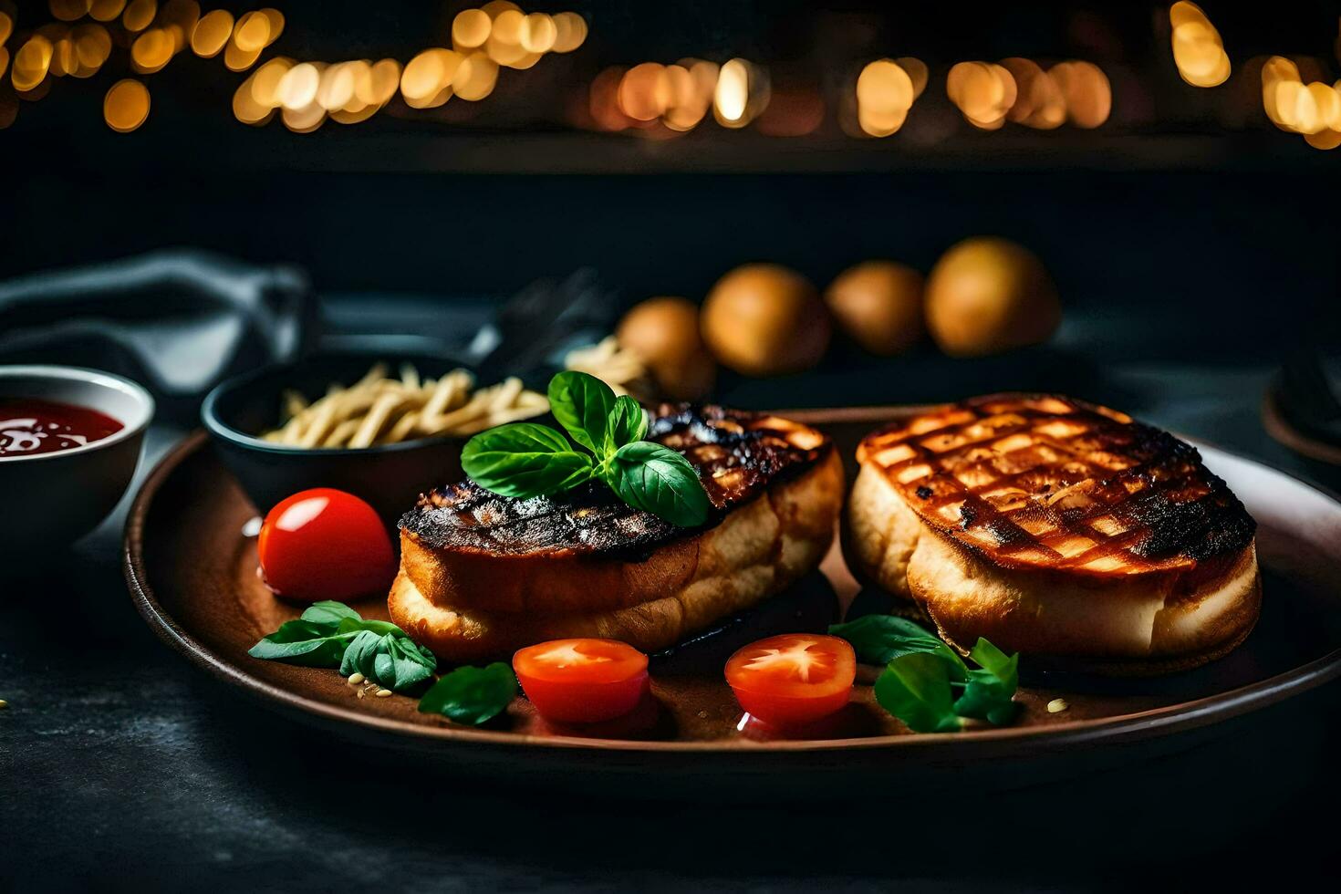 grelhado carne de porco costeletas em uma prato com tomates e ervas. gerado por IA foto