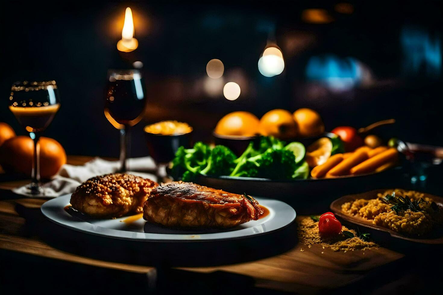 uma mesa com Comida e vinho. gerado por IA foto
