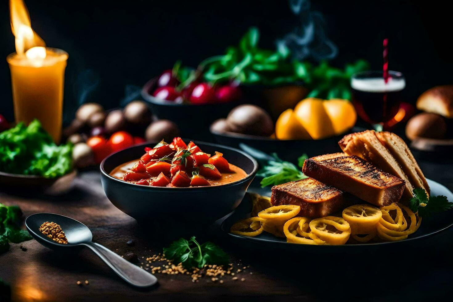 a Comida é servido em uma de madeira mesa com velas e uma vidro do vinho. gerado por IA foto