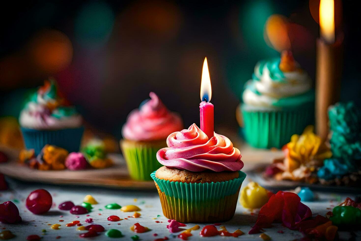 aniversário velas e bolos de copo em uma mesa. gerado por IA foto