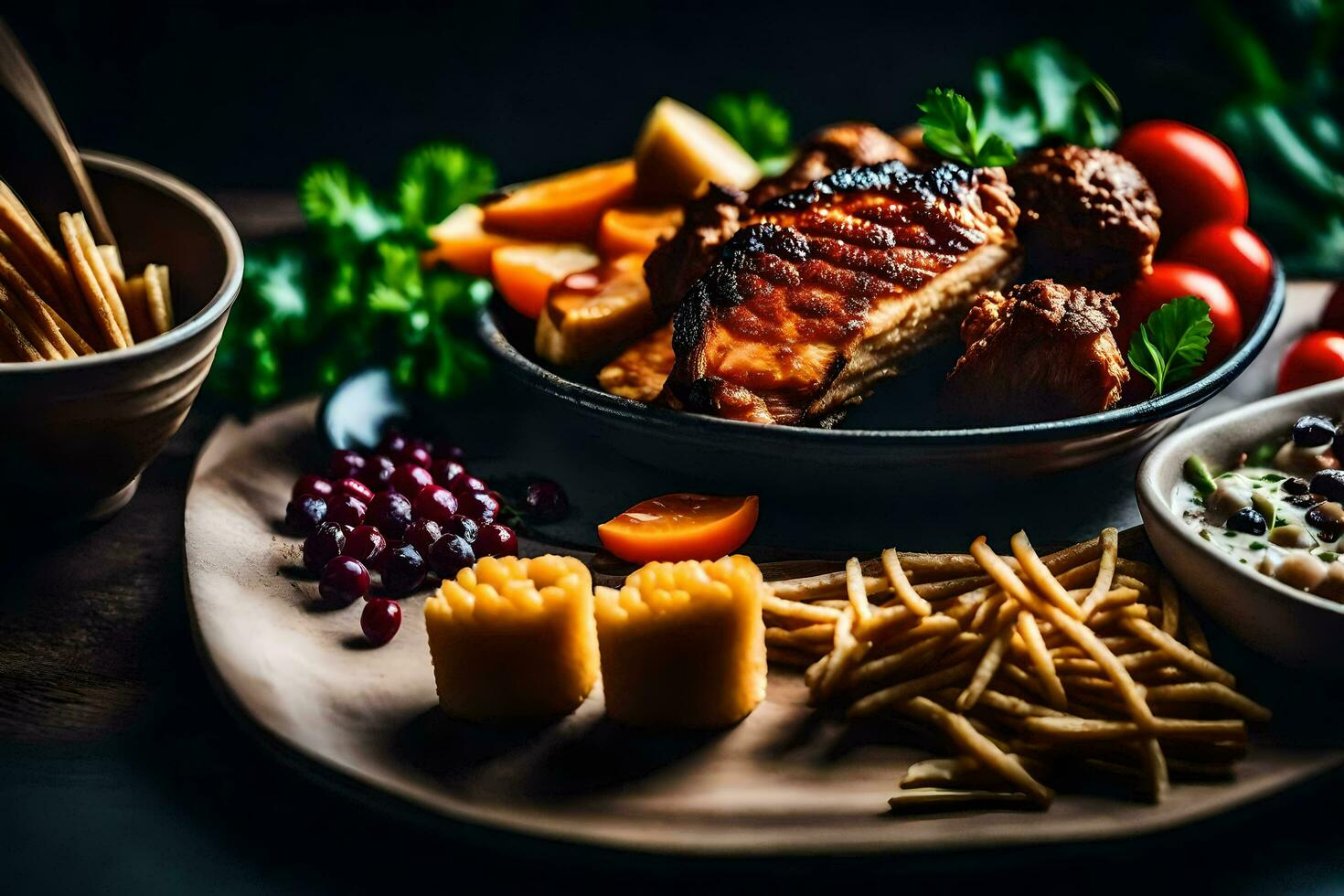 uma prato do Comida com carne, legumes e pão. gerado por IA foto