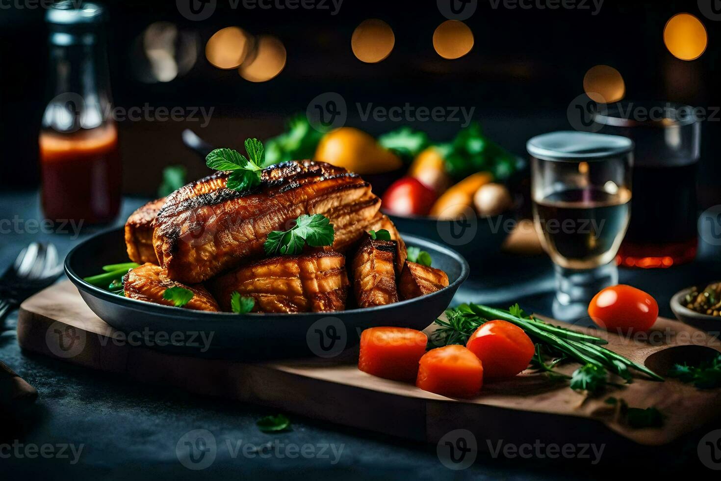 grelhado carne de porco costeletas em uma prato com legumes e vinho. gerado por IA foto