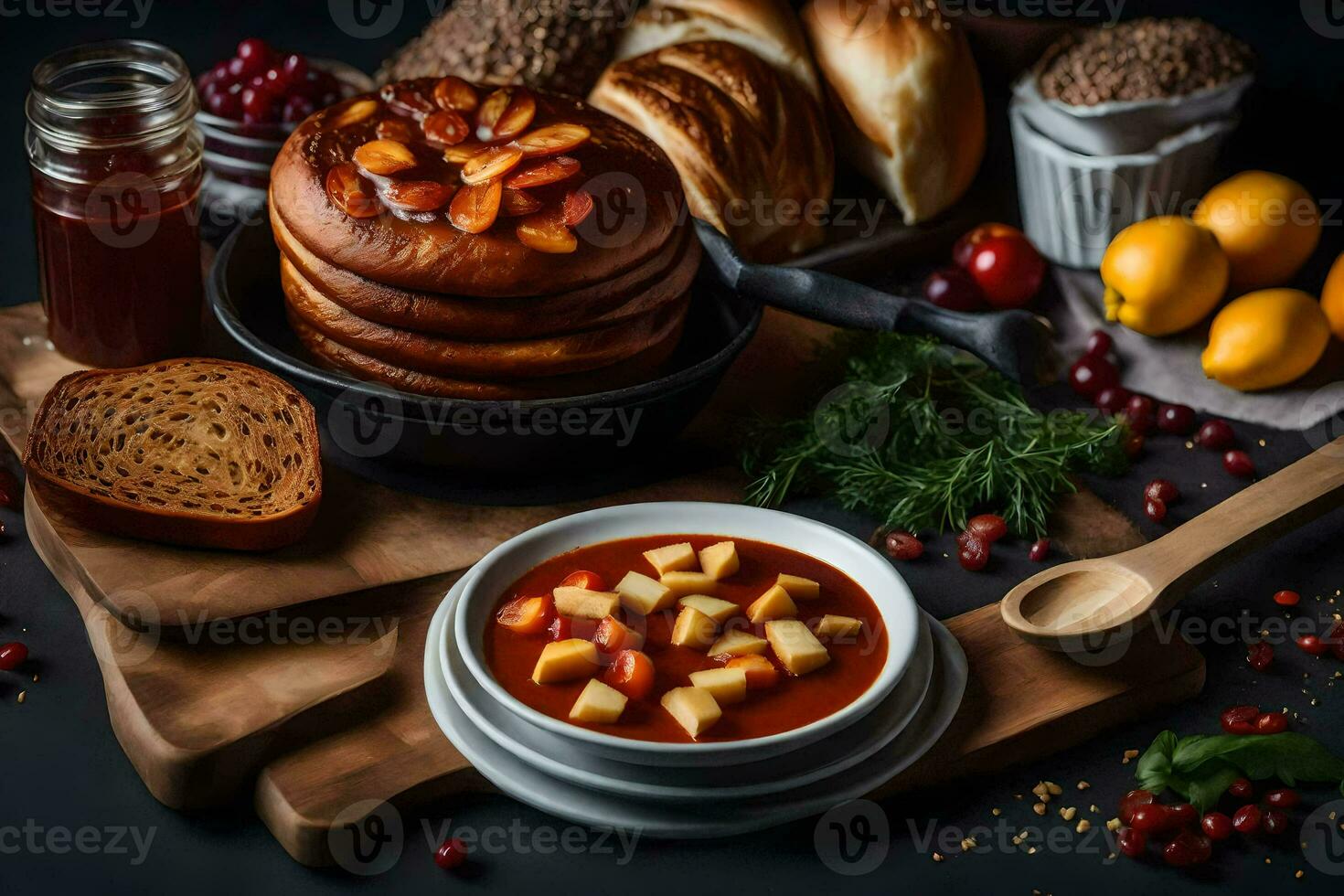 uma tigela do sopa com pão, pão e legumes. gerado por IA foto