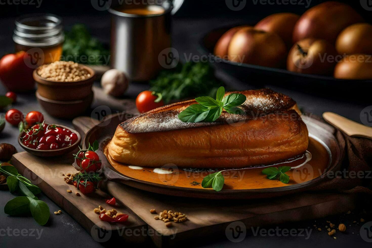 uma peça do pão com molho e legumes. gerado por IA foto