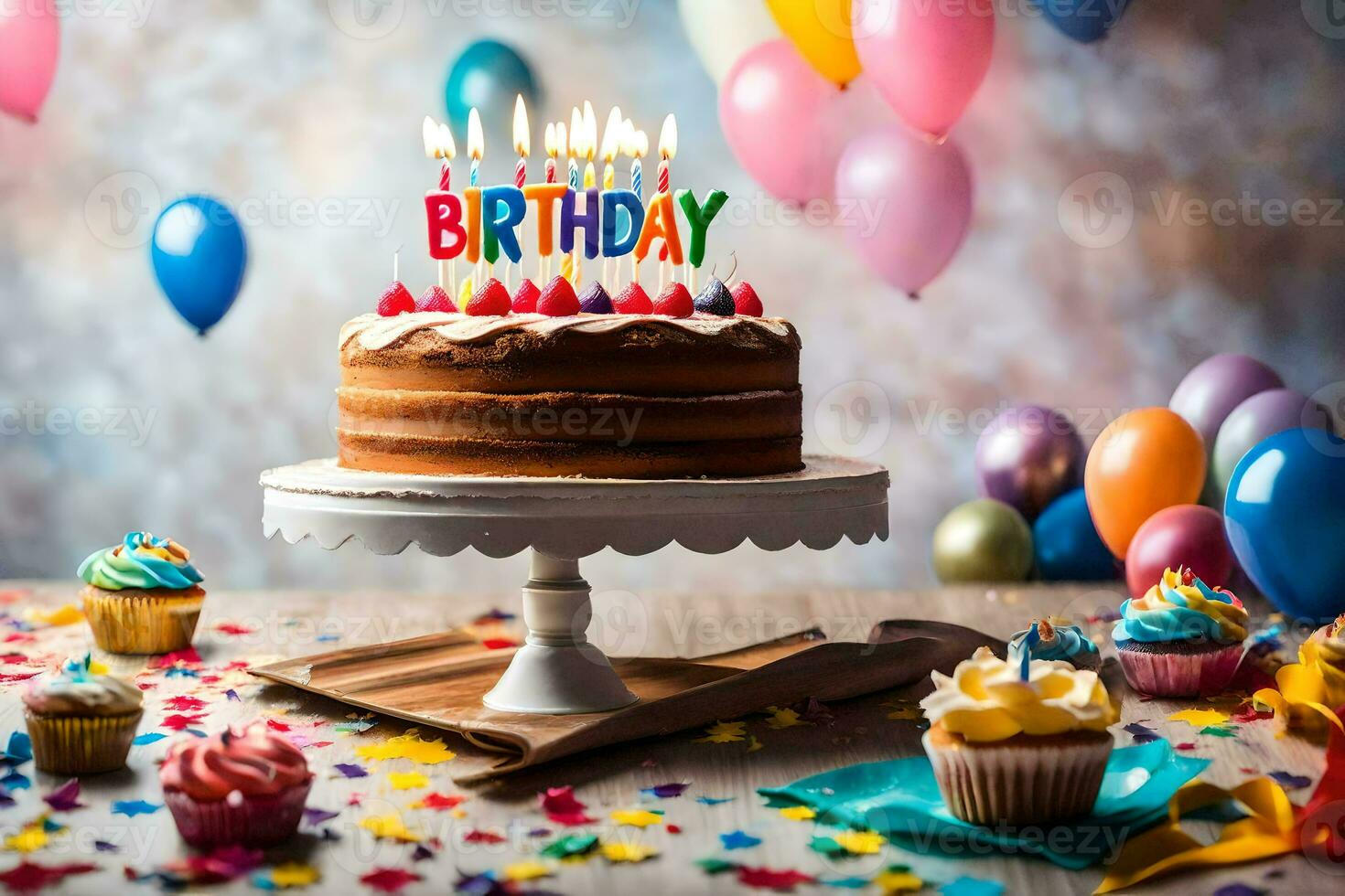 uma aniversário bolo com velas em topo e balões. gerado por IA foto