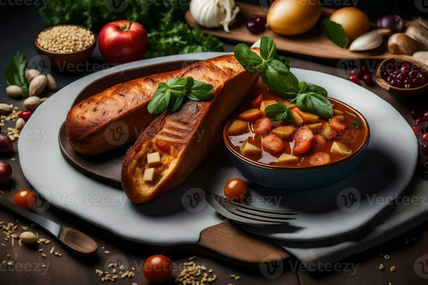 a Comida é servido em uma prato com pão e legumes. gerado por IA foto