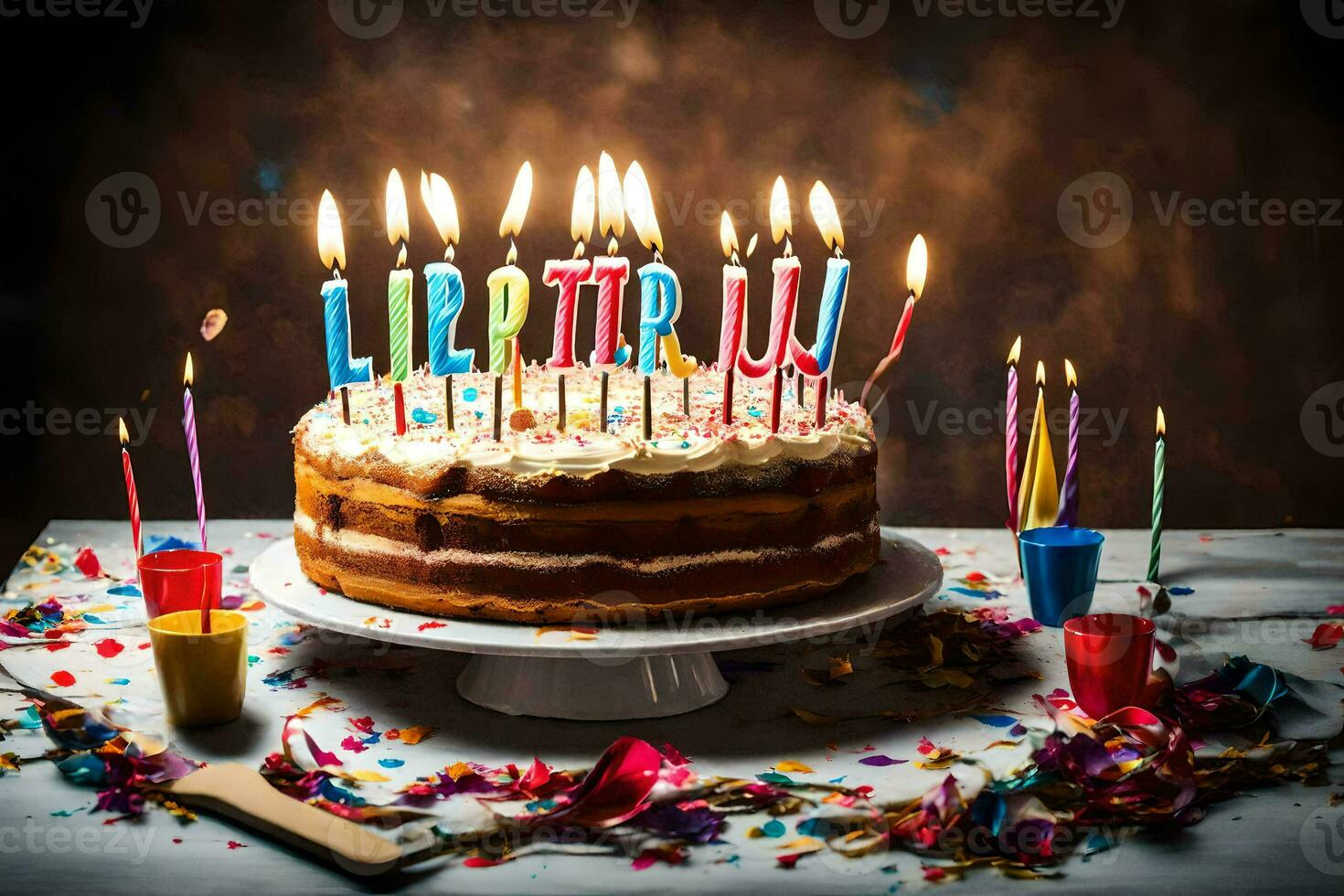 aniversário bolo com aceso velas. gerado por IA foto
