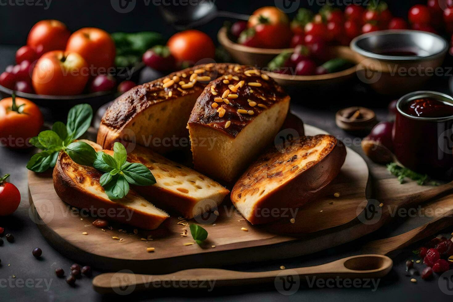 pão com queijo e tomates em uma corte borda. gerado por IA foto